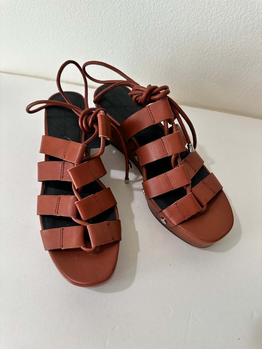 Rebecca Minkoff Cognac Leather Lace-Up Platform Sandals 10.5